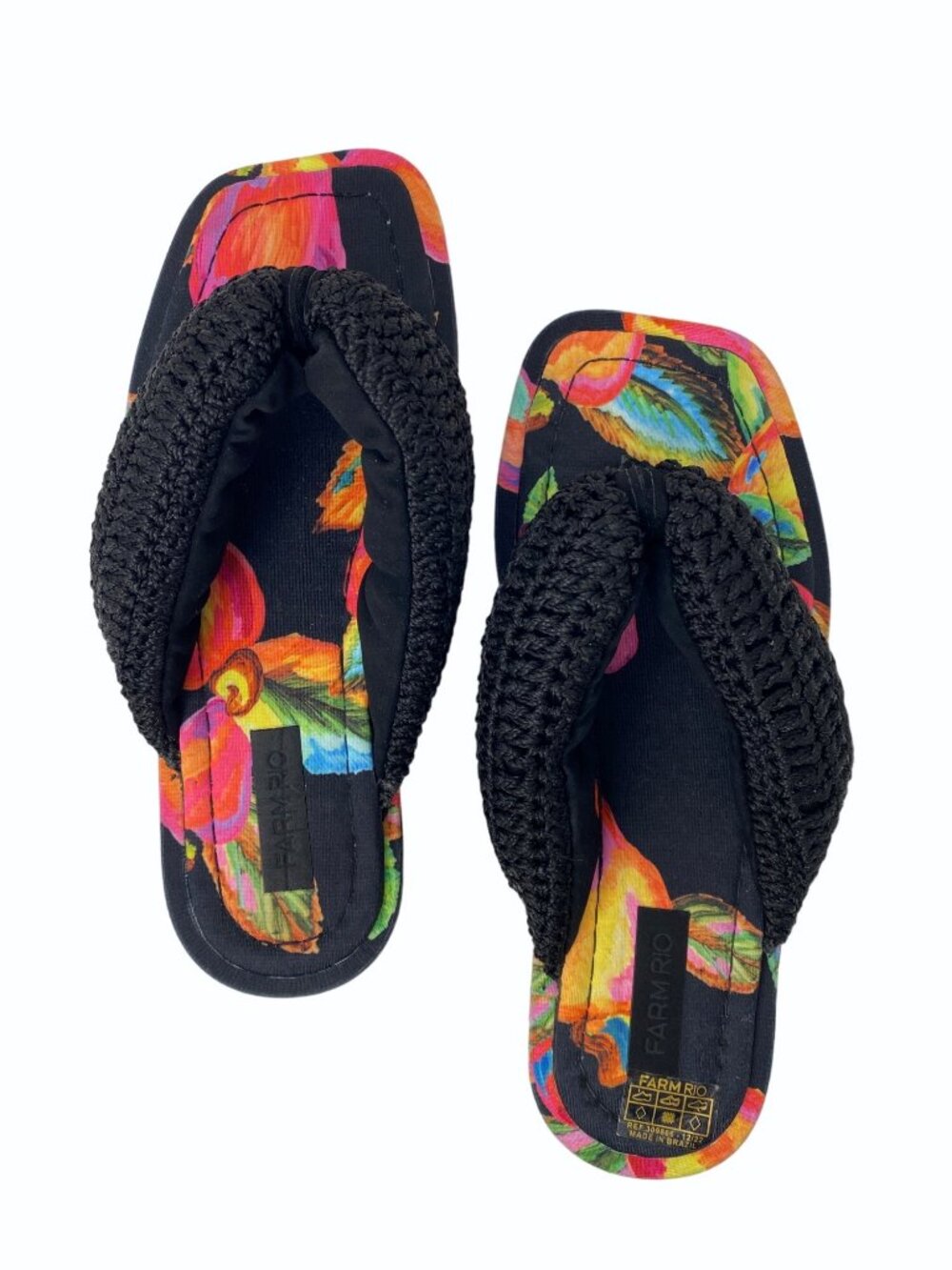 Farm Rio Size 8 Cashew Crochet Puffy Flower Flip Flops Black Pink Orange